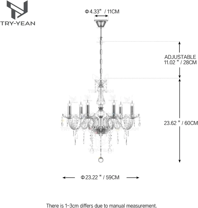 Alt view image 2 of 7 - 6 Lights Clear Chandelier K5 Crystal Chandelier with Adjustable Chain Flush Mount Hanging Ceiling Pendant Light Classic Candle Crystal Lighting for Bedroom Dining Room Hallway E12