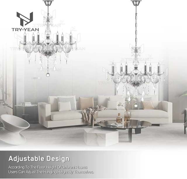Alt view image 5 of 7 - 6 Lights Clear Chandelier K5 Crystal Chandelier with Adjustable Chain Flush Mount Hanging Ceiling Pendant Light Classic Candle Crystal Lighting for Bedroom Dining Room Hallway E12