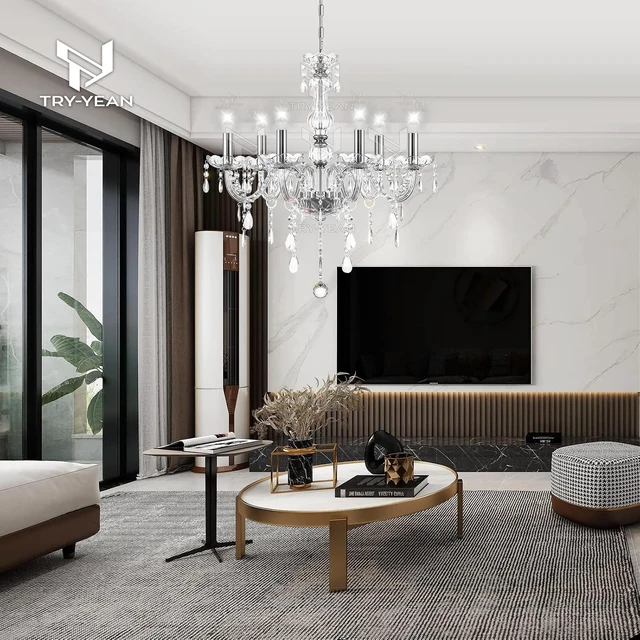 Alt view image 4 of 7 - 6 Lights Clear Chandelier K5 Crystal Chandelier with Adjustable Chain Flush Mount Hanging Ceiling Pendant Light Classic Candle Crystal Lighting for Bedroom Dining Room Hallway E12