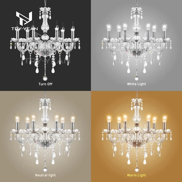 Alt view image 6 of 7 - 6 Lights Clear Chandelier K5 Crystal Chandelier with Adjustable Chain Flush Mount Hanging Ceiling Pendant Light Classic Candle Crystal Lighting for Bedroom Dining Room Hallway E12