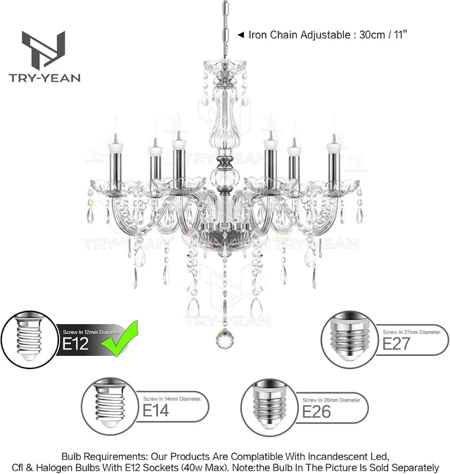 Alt view image 7 of 7 - 6 Lights Clear Chandelier K5 Crystal Chandelier with Adjustable Chain Flush Mount Hanging Ceiling Pendant Light Classic Candle Crystal Lighting for Bedroom Dining Room Hallway E12