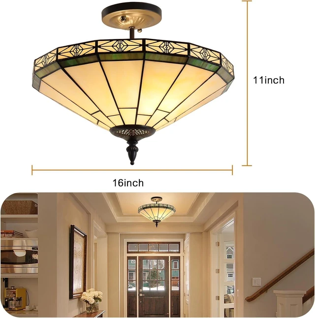 Alt view image 2 of 7 - Capulina Tiffany Lamp Cream Stained Glass Semi Ceiling Light 2-Light