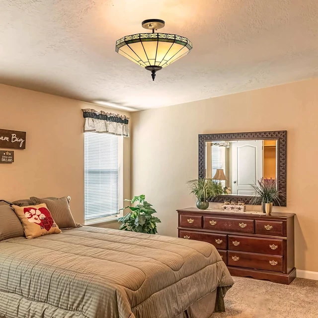Alt view image 6 of 7 - Capulina Tiffany Lamp Cream Stained Glass Semi Ceiling Light 2-Light