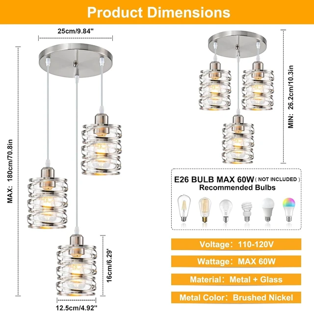 Alt view image 2 of 6 - foucasal Brushed Nickel 3 Lights Cluster Pendant Light for Kitchen Island