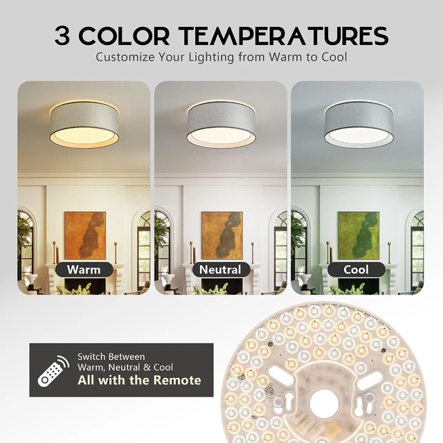 Alt view image 2 of 7 - 16" Modern LED Dimmable Flush Mount Ceiling Light with Color Temperature Adjustment, Fabric & Rattan Double Drum Shade Boho Ceiling Light Fixture for Bedroom Living Dining Room, Silver