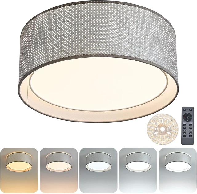 Main image of 16" Modern LED Dimmable Flush Mount Ceiling Light with Color Temperature Adjustment, Fabric & Rattan Double Drum Shade Boho Ceiling Light Fixture for Bedroom Living Dining Room, Silver