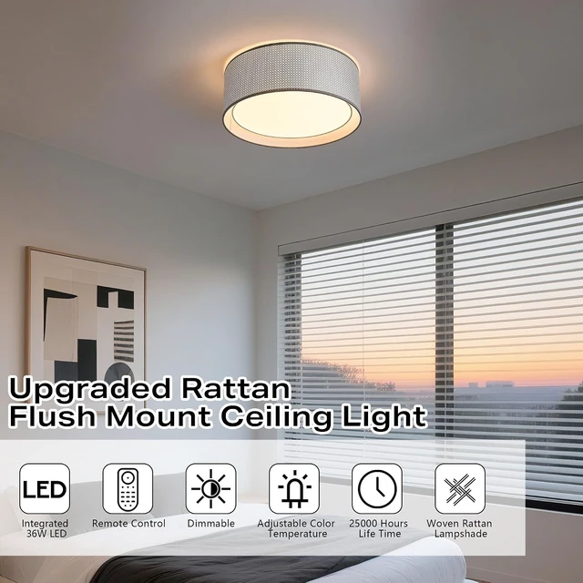 Alt view image 6 of 7 - 16" Modern LED Dimmable Flush Mount Ceiling Light with Color Temperature Adjustment, Fabric & Rattan Double Drum Shade Boho Ceiling Light Fixture for Bedroom Living Dining Room, Silver