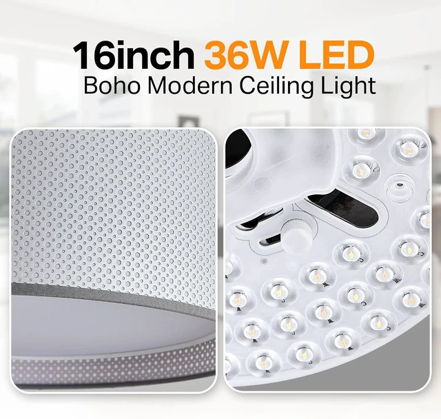 Alt view image 7 of 7 - 16" Modern LED Dimmable Flush Mount Ceiling Light with Color Temperature Adjustment, Fabric & Rattan Double Drum Shade Boho Ceiling Light Fixture for Bedroom Living Dining Room, Silver
