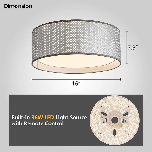 Alt view image 5 of 7 - 16" Modern LED Dimmable Flush Mount Ceiling Light with Color Temperature Adjustment, Fabric & Rattan Double Drum Shade Boho Ceiling Light Fixture for Bedroom Living Dining Room, Silver