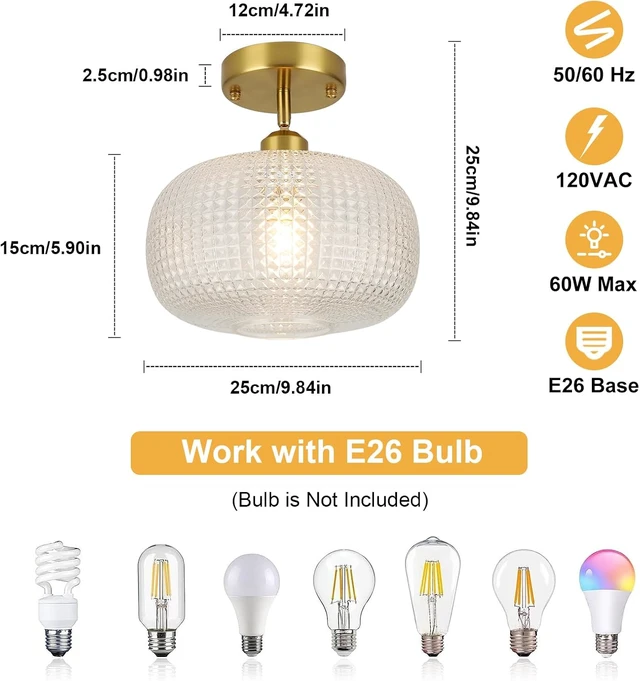Alt view image 2 of 6 - WILON Semi Flush Mount Ceiling Light Fixture, Brushed Brass Gold Light Fixture with Globe Glass Shade, Modern Vintage Ceiling Lamp for Bathroom Hallway Entryway Bedroom Nursery Laundry Room Kitchen