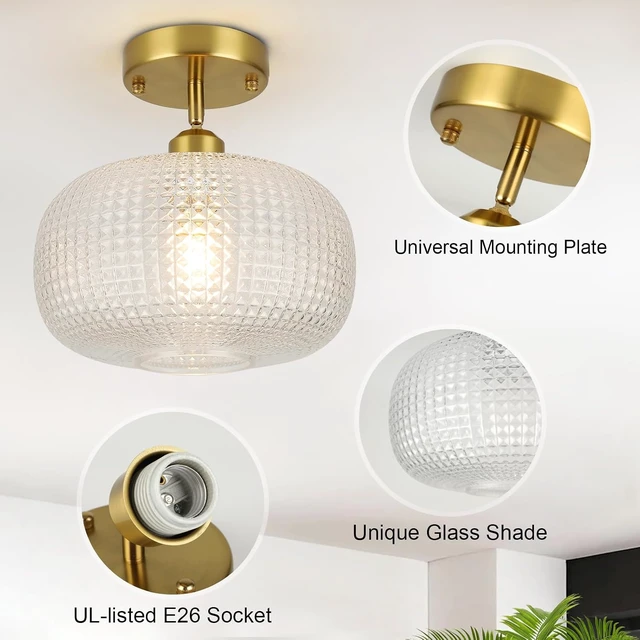 Alt view image 3 of 6 - WILON Semi Flush Mount Ceiling Light Fixture, Brushed Brass Gold Light Fixture with Globe Glass Shade, Modern Vintage Ceiling Lamp for Bathroom Hallway Entryway Bedroom Nursery Laundry Room Kitchen