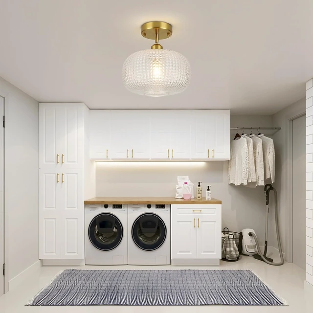 Alt view image 5 of 6 - WILON Semi Flush Mount Ceiling Light Fixture, Brushed Brass Gold Light Fixture with Globe Glass Shade, Modern Vintage Ceiling Lamp for Bathroom Hallway Entryway Bedroom Nursery Laundry Room Kitchen