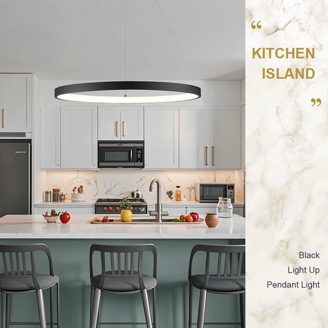 Alt view image 7 of 7 - Modern LED Pendant Light Black Ring Chandelier 24" Dimmable Flush Mount Pendant Chandelier for Dinning Room Office Kitchen Living Room,3000-6500K