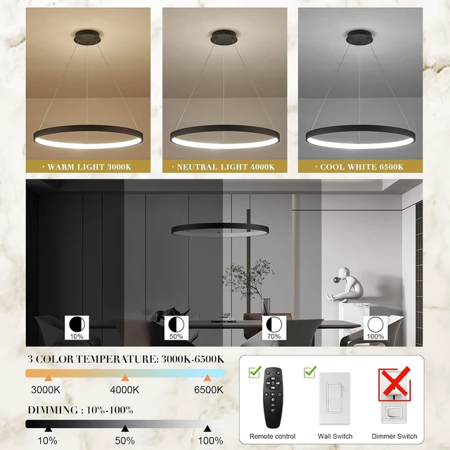 Alt view image 4 of 7 - Modern LED Pendant Light Black Ring Chandelier 24" Dimmable Flush Mount Pendant Chandelier for Dinning Room Office Kitchen Living Room,3000-6500K