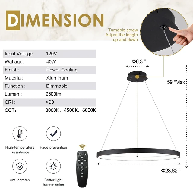 Alt view image 6 of 7 - Modern LED Pendant Light Black Ring Chandelier 24" Dimmable Flush Mount Pendant Chandelier for Dinning Room Office Kitchen Living Room,3000-6500K