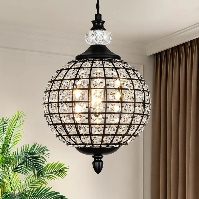 Main image of 1 Piece Chandelier in Matte Black Finish with Crystal Globe Shade, Farmhouse Pendant Light for Dining Room, Hallway, Kitchen