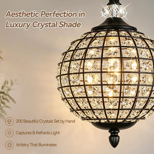Alt view image 2 of 7 - 1 Piece Chandelier in Matte Black Finish with Crystal Globe Shade, Farmhouse Pendant Light for Dining Room, Hallway, Kitchen
