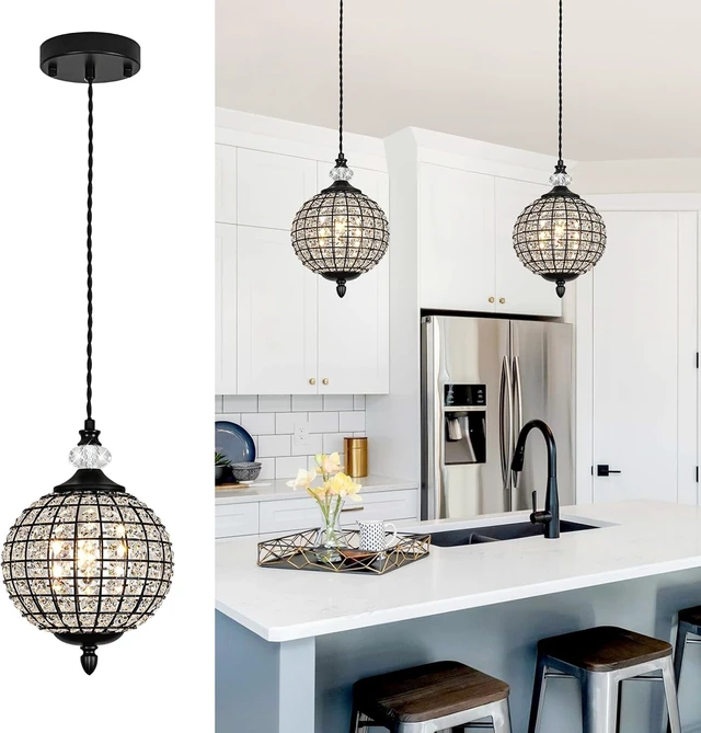 Alt view image 4 of 7 - 1 Piece Chandelier in Matte Black Finish with Crystal Globe Shade, Farmhouse Pendant Light for Dining Room, Hallway, Kitchen