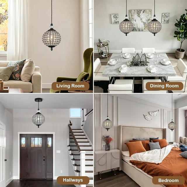 Alt view image 5 of 7 - 1 Piece Chandelier in Matte Black Finish with Crystal Globe Shade, Farmhouse Pendant Light for Dining Room, Hallway, Kitchen