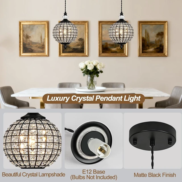 Alt view image 6 of 7 - 1 Piece Chandelier in Matte Black Finish with Crystal Globe Shade, Farmhouse Pendant Light for Dining Room, Hallway, Kitchen