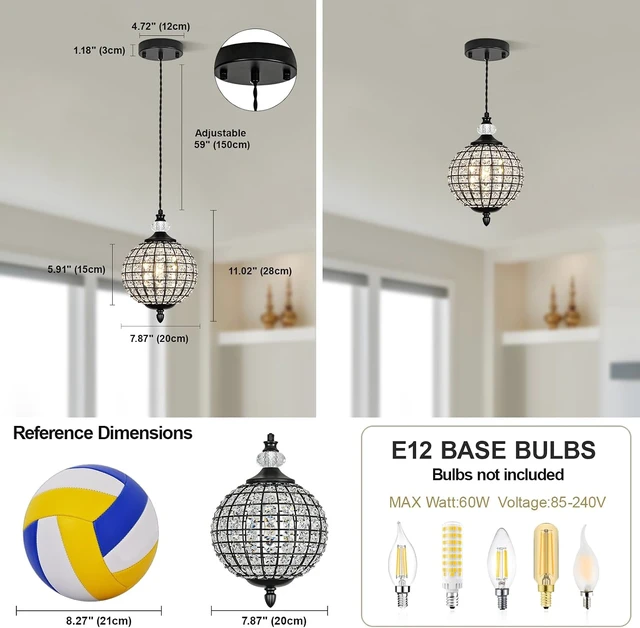 Alt view image 3 of 7 - 1 Piece Chandelier in Matte Black Finish with Crystal Globe Shade, Farmhouse Pendant Light for Dining Room, Hallway, Kitchen