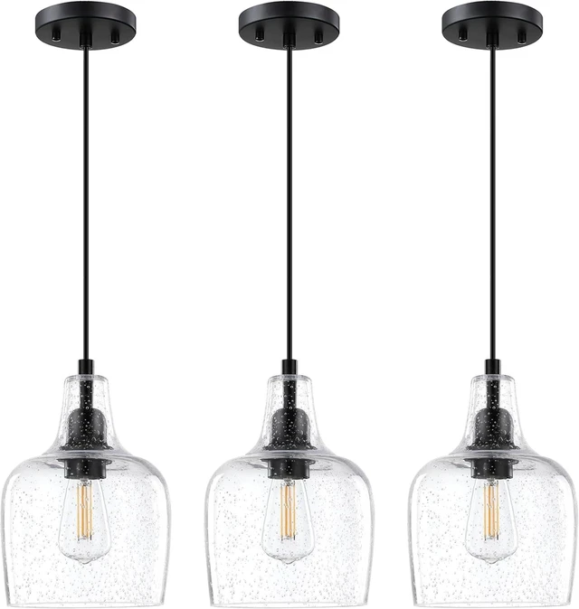 Main image of 3 Pack 6.1" Clear Seeded Glass Hanging Black Indoor Farmhouse Pendant Light