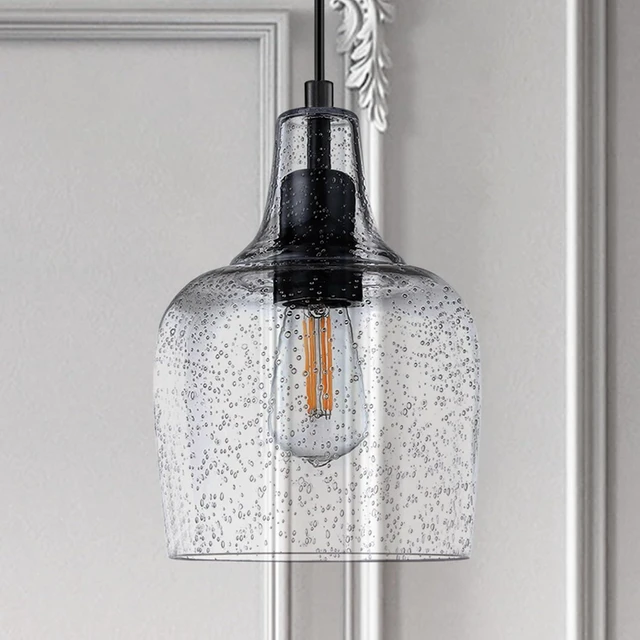 Alt view image 7 of 7 - 3 Pack 6.1" Clear Seeded Glass Hanging Black Indoor Farmhouse Pendant Light