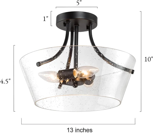 Alt view image 2 of 6 - LALUZ 3-Light Semi Flush Mount Ceiling Light, 13 Seeded Clear Glass Black Drum Flush Mount Light for Bedroom, Hallway, Kitchen, Entryway
