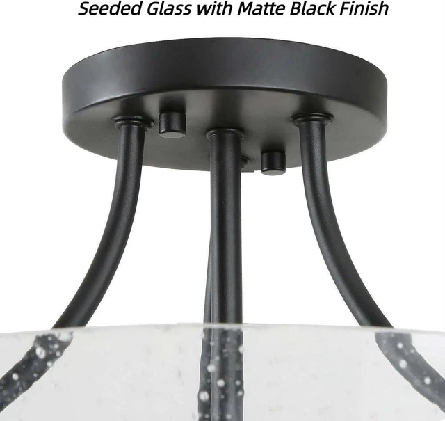 Alt view image 5 of 6 - LALUZ 3-Light Semi Flush Mount Ceiling Light, 13 Seeded Clear Glass Black Drum Flush Mount Light for Bedroom, Hallway, Kitchen, Entryway