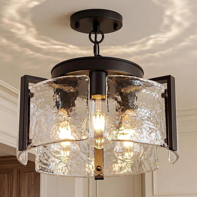 Main image of Black Chandeliers for Dining Room, 14 Inch 3-Light 2-in-1 Convertible Pendant and Flush Mount with Drum Textured Glass, Modern Farmhouse Light Fixture for Kitchen Island, Entryway, Foyer, Living Room