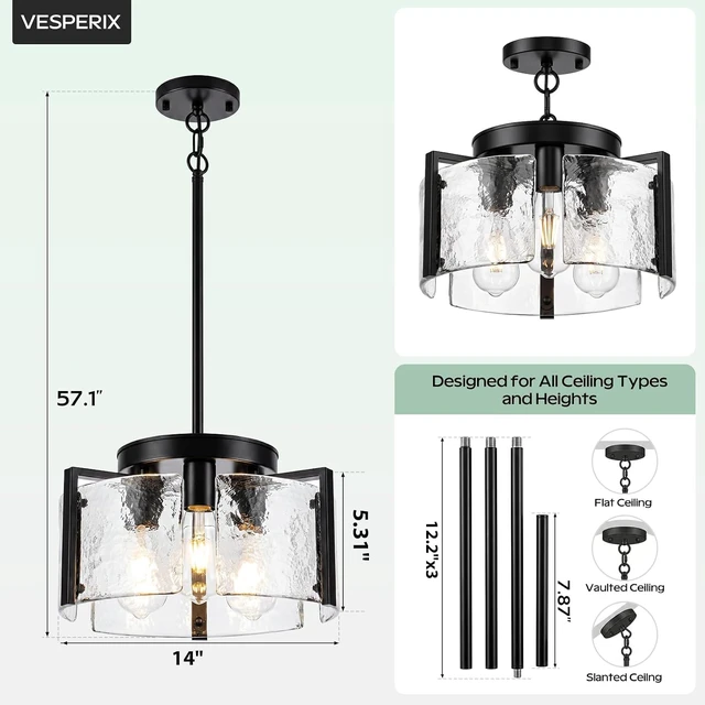 Alt view image 2 of 7 - Black Chandeliers for Dining Room, 14 Inch 3-Light 2-in-1 Convertible Pendant and Flush Mount with Drum Textured Glass, Modern Farmhouse Light Fixture for Kitchen Island, Entryway, Foyer, Living Room