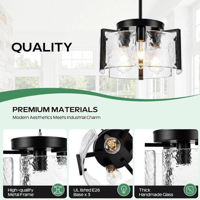 Alt view image 4 of 7 - Black Chandeliers for Dining Room, 14 Inch 3-Light 2-in-1 Convertible Pendant and Flush Mount with Drum Textured Glass, Modern Farmhouse Light Fixture for Kitchen Island, Entryway, Foyer, Living Room