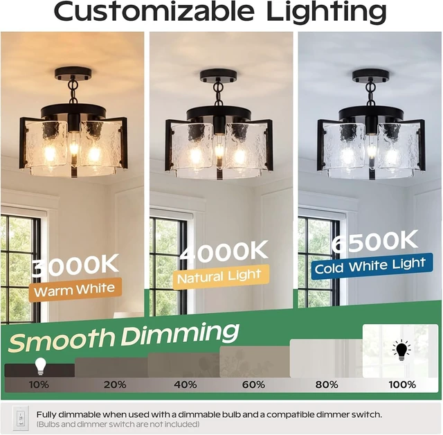 Alt view image 5 of 7 - Black Chandeliers for Dining Room, 14 Inch 3-Light 2-in-1 Convertible Pendant and Flush Mount with Drum Textured Glass, Modern Farmhouse Light Fixture for Kitchen Island, Entryway, Foyer, Living Room