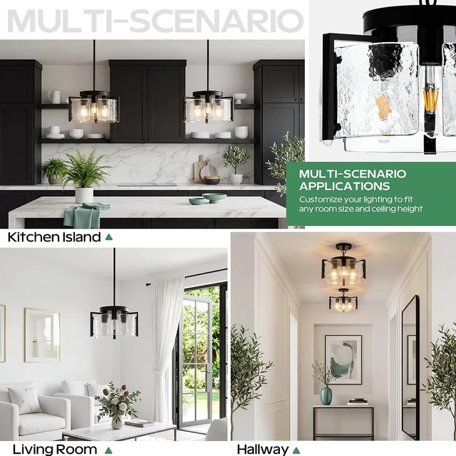 Alt view image 6 of 7 - Black Chandeliers for Dining Room, 14 Inch 3-Light 2-in-1 Convertible Pendant and Flush Mount with Drum Textured Glass, Modern Farmhouse Light Fixture for Kitchen Island, Entryway, Foyer, Living Room