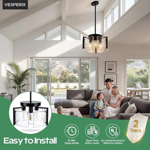 Alt view image 7 of 7 - Black Chandeliers for Dining Room, 14 Inch 3-Light 2-in-1 Convertible Pendant and Flush Mount with Drum Textured Glass, Modern Farmhouse Light Fixture for Kitchen Island, Entryway, Foyer, Living Room