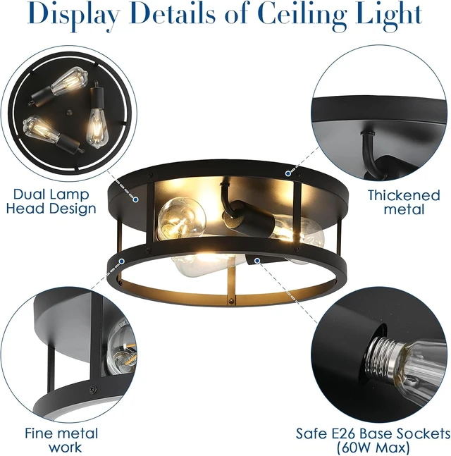 Alt view image 4 of 7 - Black Flush Mount Ceiling Light Fixtures,3-Light Modern Hallway Light Fixtures Ceiling, 13 inch Black Light Fixture Ceiling Mount for Farmhouse,Kitchen, Bedroom 1 Pack