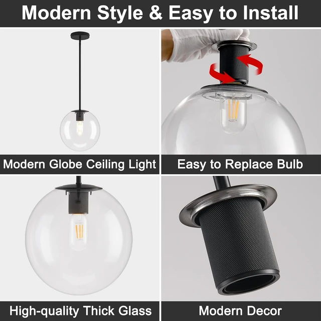 Alt view image 5 of 7 - 10in Globe Glass Pendant Light Kitchen Island Modern Hanging Lamp