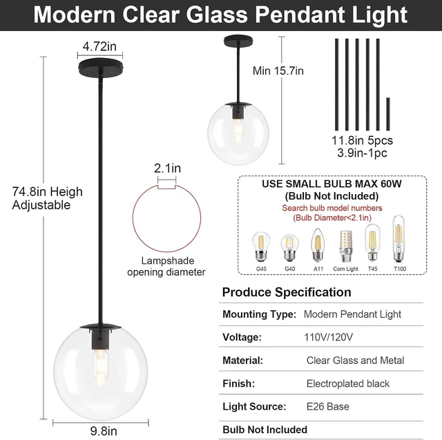 Alt view image 6 of 7 - 10in Globe Glass Pendant Light Kitchen Island Modern Hanging Lamp