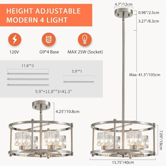 Alt view image 2 of 7 - Brushed Nickel Ceiling Light Modern 4-Light Pendant Lighting Fixture 15.7" Adjustable Height Chandeliers with Glass Lampshade Rustic Round Lights for Bedroom Dining Room Kitchen Foyer