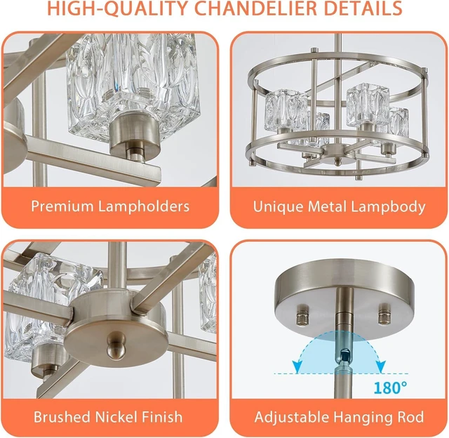 Alt view image 3 of 7 - Brushed Nickel Ceiling Light Modern 4-Light Pendant Lighting Fixture 15.7" Adjustable Height Chandeliers with Glass Lampshade Rustic Round Lights for Bedroom Dining Room Kitchen Foyer
