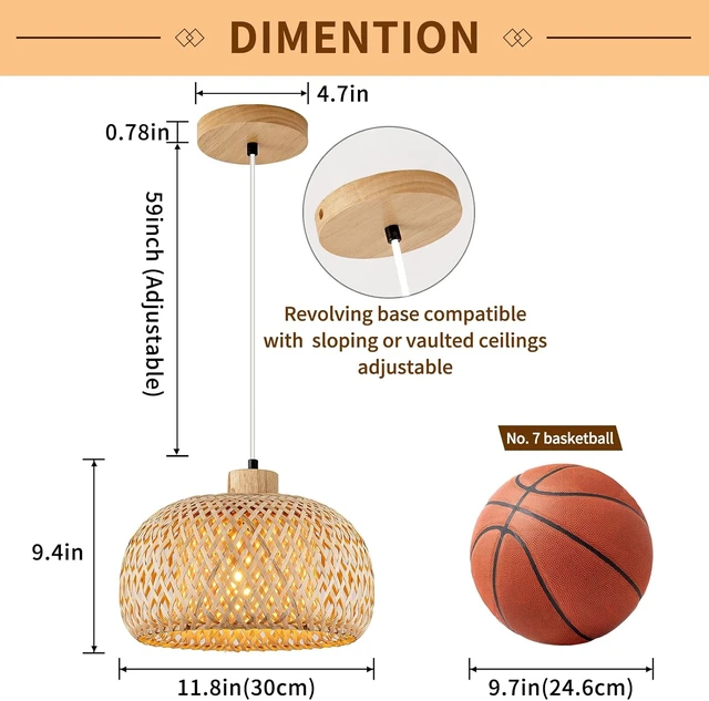 Alt view image 3 of 7 - 11.8inch Beige Bamboo Pendant Light, Wicker Rattan Boho Chandelier