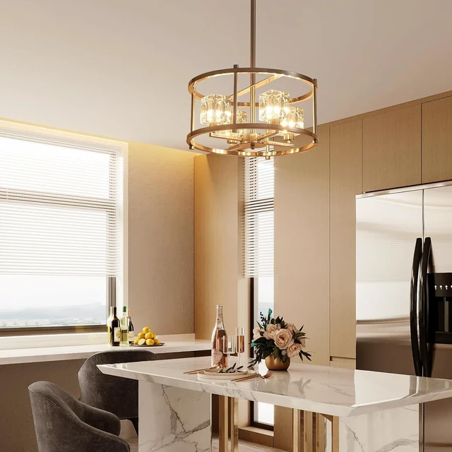 Alt view image 7 of 7 - Brushed Nickel Ceiling Light Modern 4-Light Pendant Lighting Fixture 15.7" Adjustable Height Chandeliers with Glass Lampshade Rustic Round Lights for Bedroom Dining Room Kitchen Foyer
