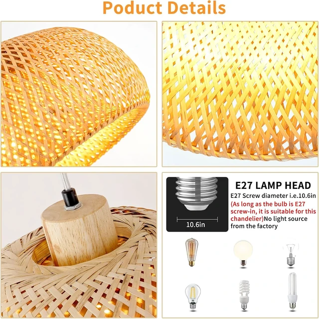 Alt view image 4 of 7 - 11.8inch Beige Bamboo Pendant Light, Wicker Rattan Boho Chandelier