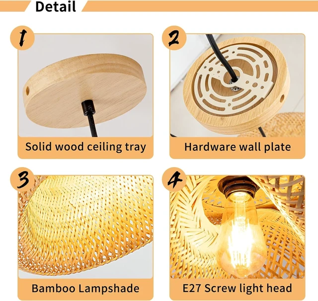 Alt view image 5 of 7 - 11.8inch Beige Bamboo Pendant Light, Wicker Rattan Boho Chandelier