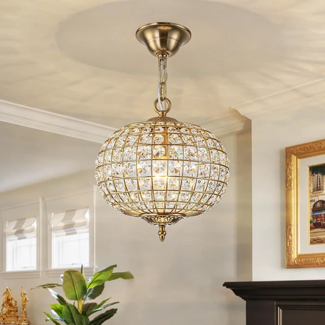Main image of 12" Globe Crystal Chandelier, Farmhouse Round Gold Crystal Pendant Light 1-Light Antique Foyer Chandelier for Dining Room Living Room Hallway Entryway