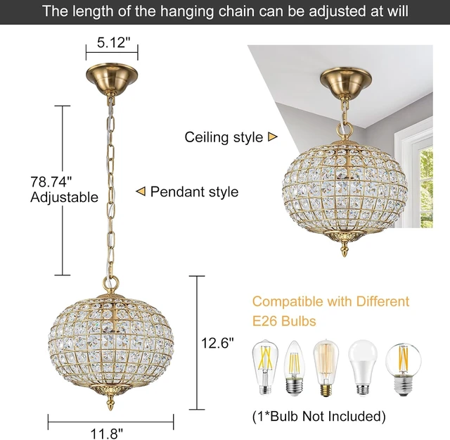 Alt view image 3 of 7 - 12" Globe Crystal Chandelier, Farmhouse Round Gold Crystal Pendant Light 1-Light Antique Foyer Chandelier for Dining Room Living Room Hallway Entryway