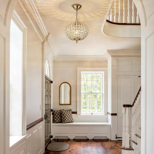 Alt view image 5 of 7 - 12" Globe Crystal Chandelier, Farmhouse Round Gold Crystal Pendant Light 1-Light Antique Foyer Chandelier for Dining Room Living Room Hallway Entryway
