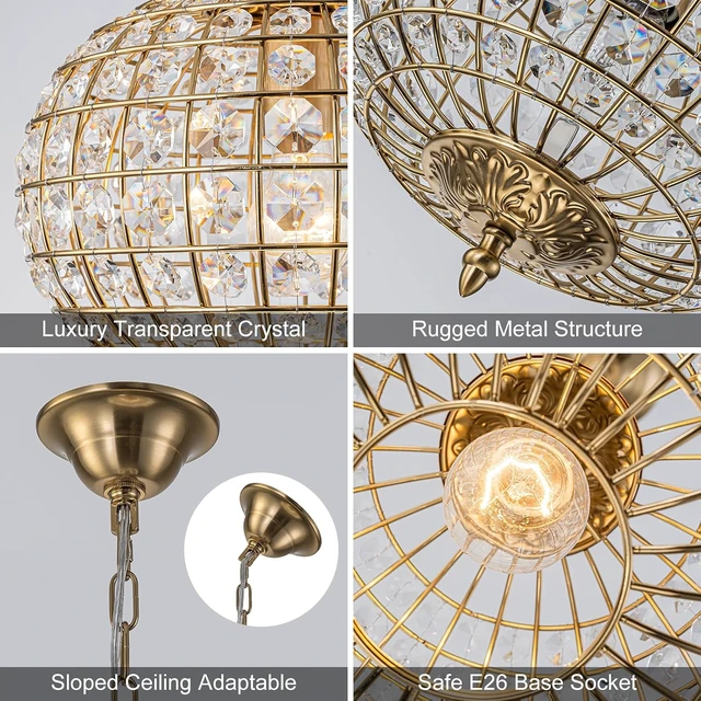 Alt view image 4 of 7 - 12" Globe Crystal Chandelier, Farmhouse Round Gold Crystal Pendant Light 1-Light Antique Foyer Chandelier for Dining Room Living Room Hallway Entryway