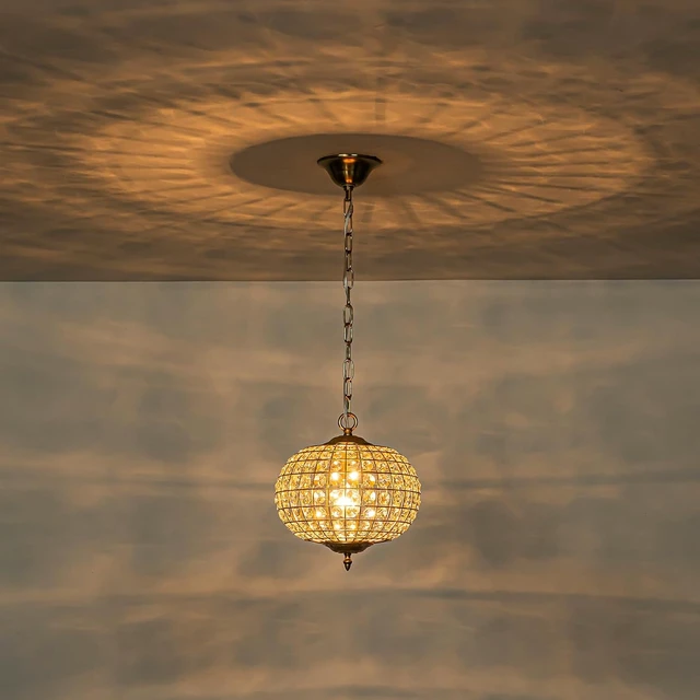 Alt view image 7 of 7 - 12" Globe Crystal Chandelier, Farmhouse Round Gold Crystal Pendant Light 1-Light Antique Foyer Chandelier for Dining Room Living Room Hallway Entryway