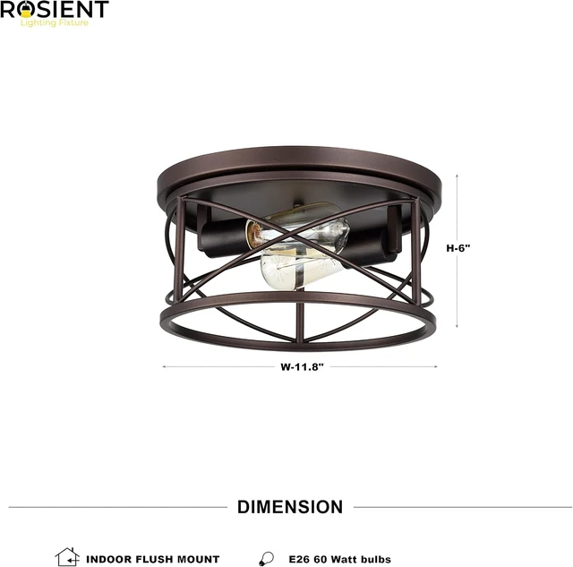 Alt view image 3 of 6 - Industrial Flush Mount Lights, Farmhouse Close to Ceiling Flush Mount Lighting, 2-Light Flush Mount Ceiling Lighting Fixture (Oil Rubbed Bronze, 1 Pack)